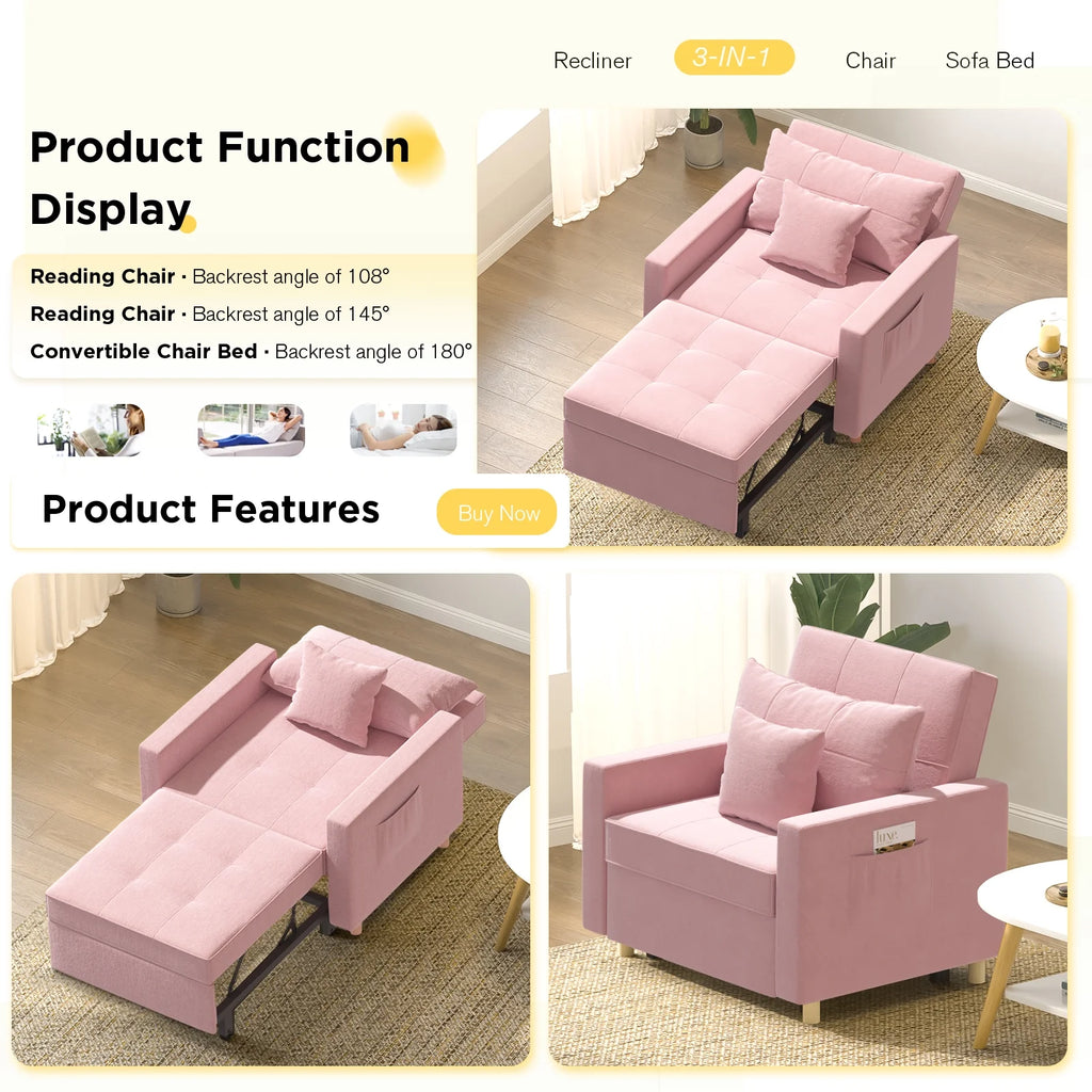 40 Inch 3-in-1 Convertible Sleeper Chair Bed Pink Linen Fabric L6845
