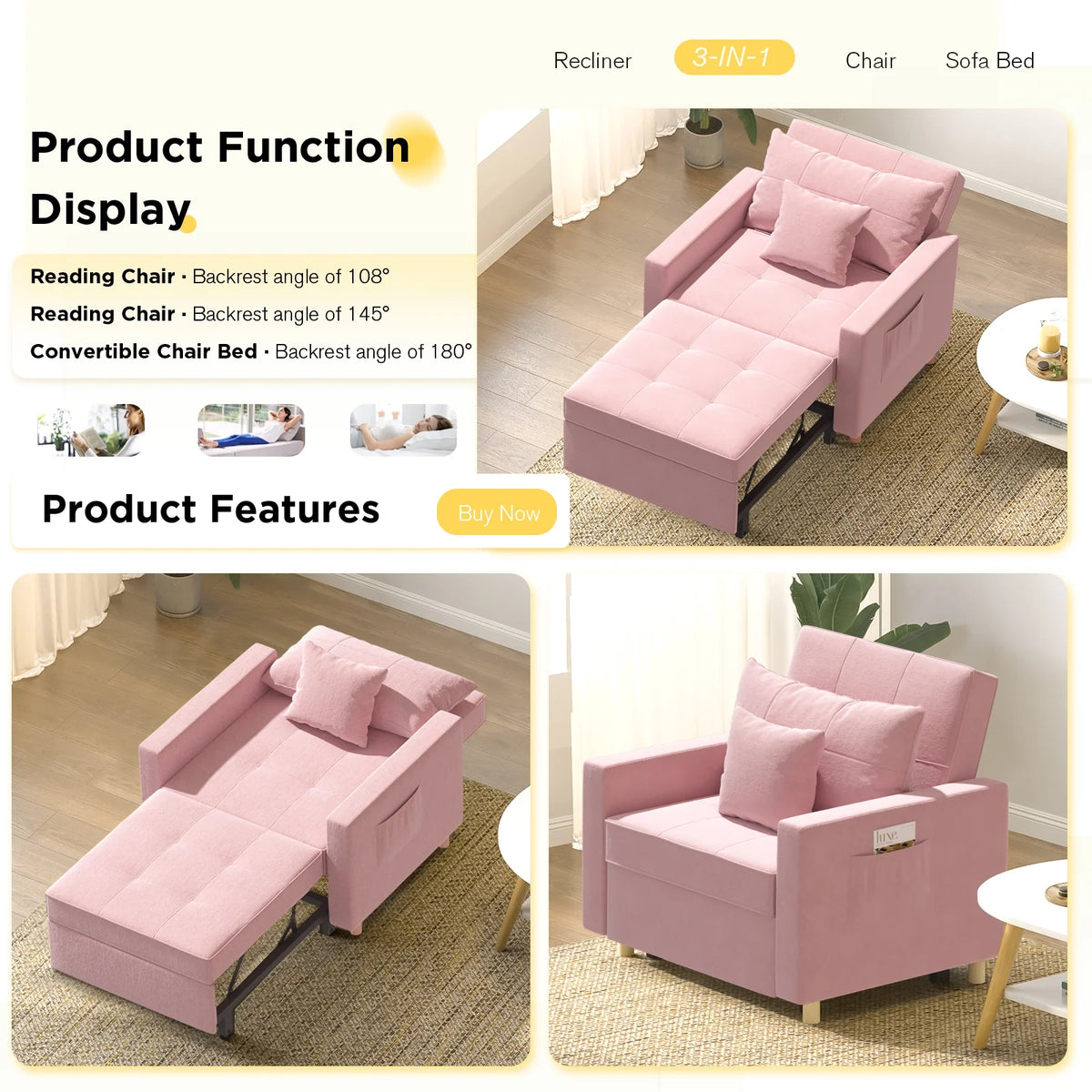 40 Inch 3-in-1 Convertible Sleeper Chair Bed Pink Linen Fabric L6845