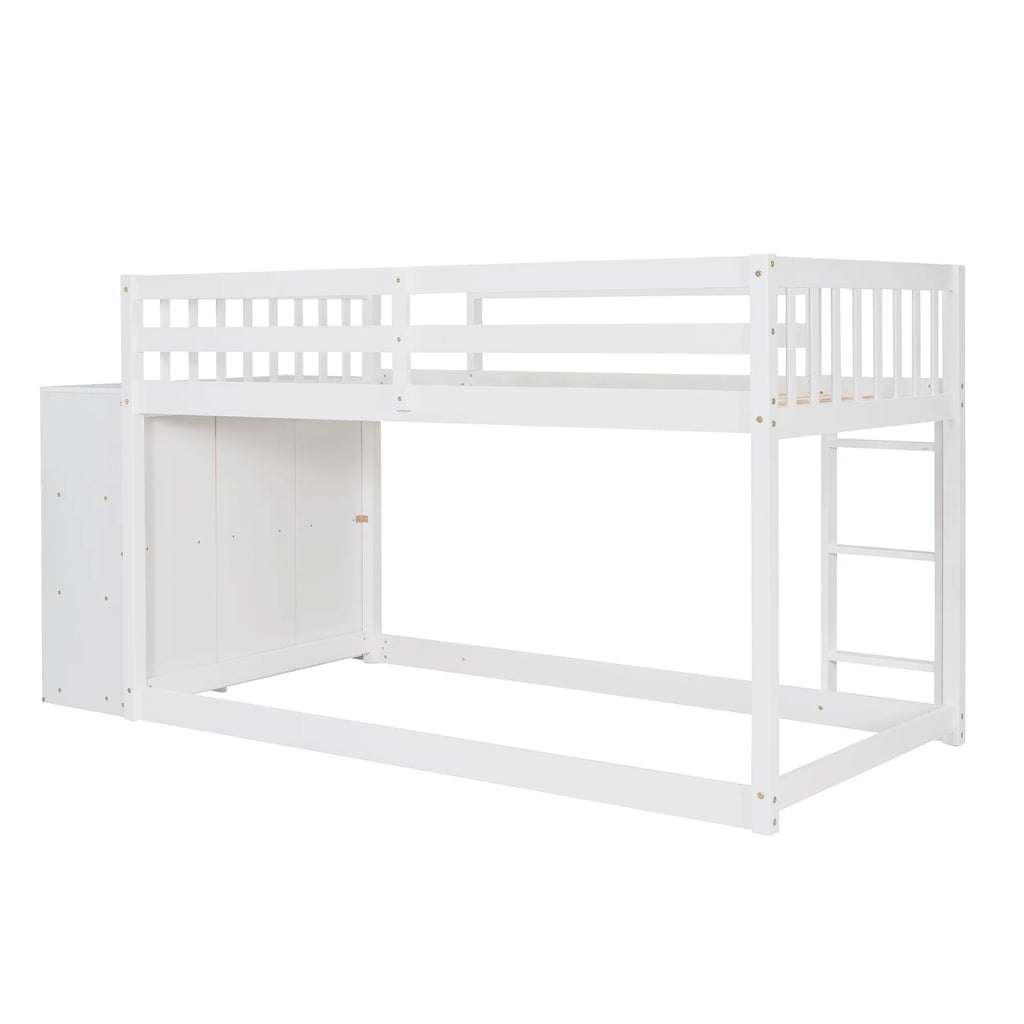 White Wood Twin Over Twin Bunk Bed with Storage U835