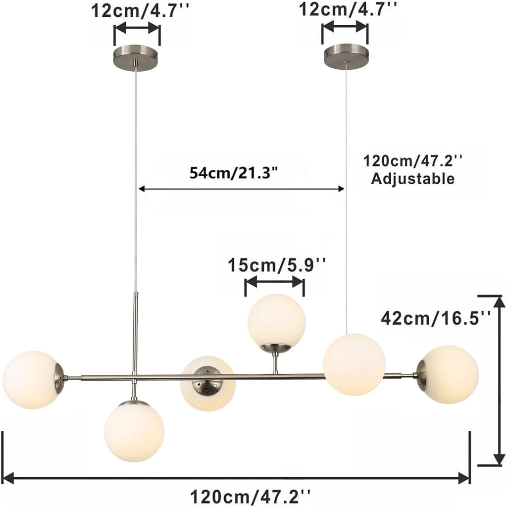 Modern Ceiling Pendant Lighting, Mid-Century Glass Globes Pendant Lamp, LED 6-Light Hanging Adjustable Chandelier for Kitchen Island Living Dining Room (Silver+Clear) D6730