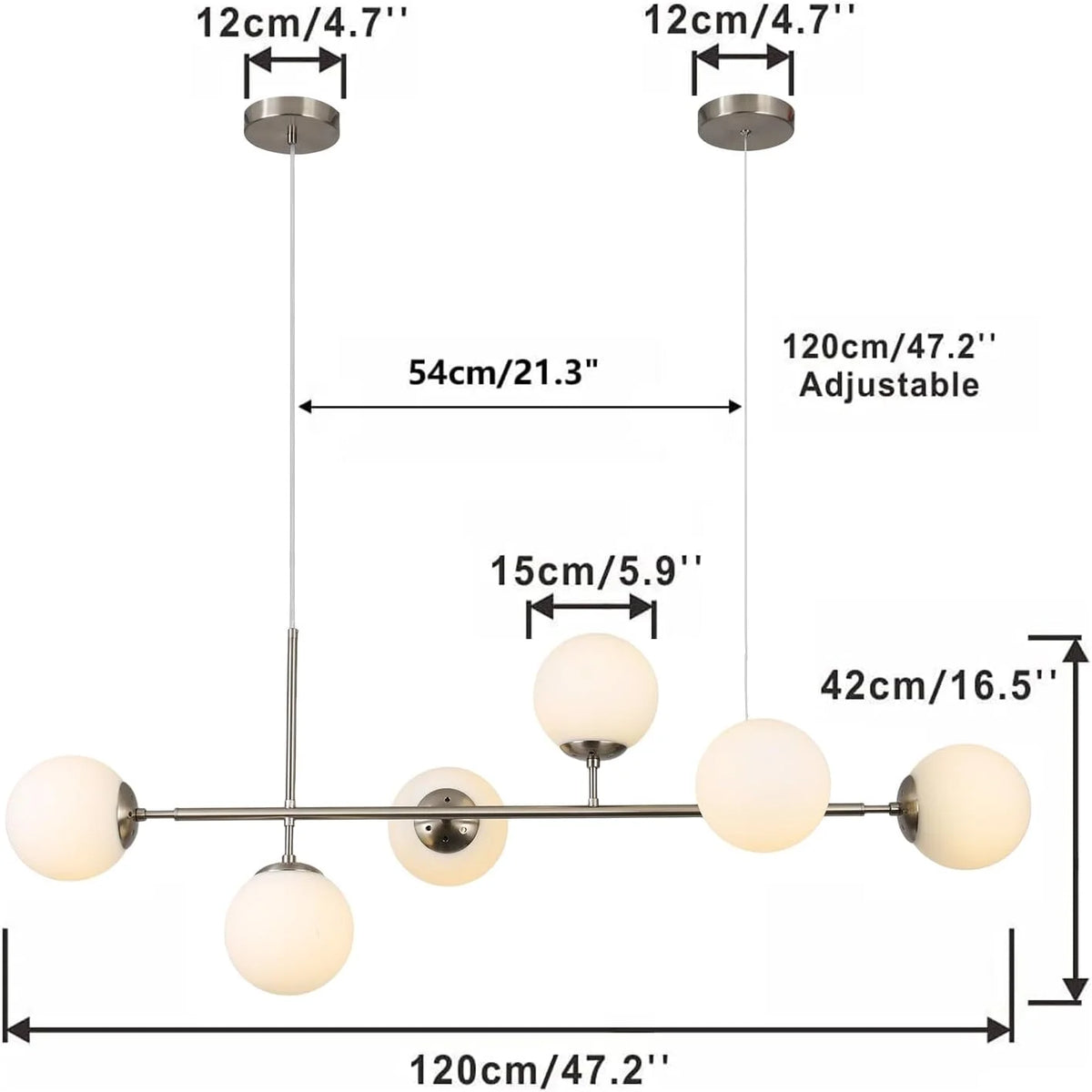 Modern Ceiling Pendant Lighting, Mid-Century Glass Globes Pendant Lamp, LED 6-Light Hanging Adjustable Chandelier for Kitchen Island Living Dining Room (Silver+Clear) D6730