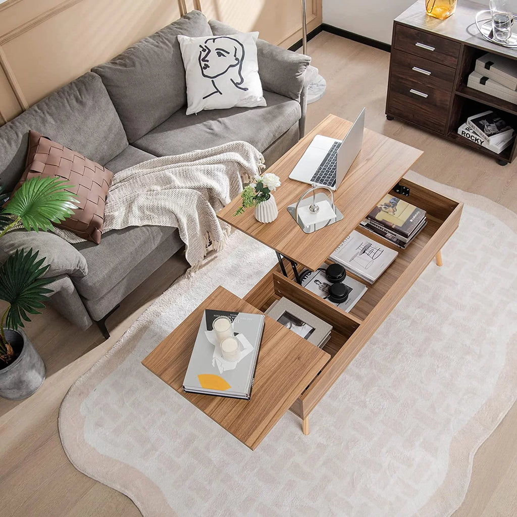 47 Inch Lift Top Coffee Table with Storage, Split Top, 2 Hidden Compartments & 5 Solid Wood Legs, Brown F56282
