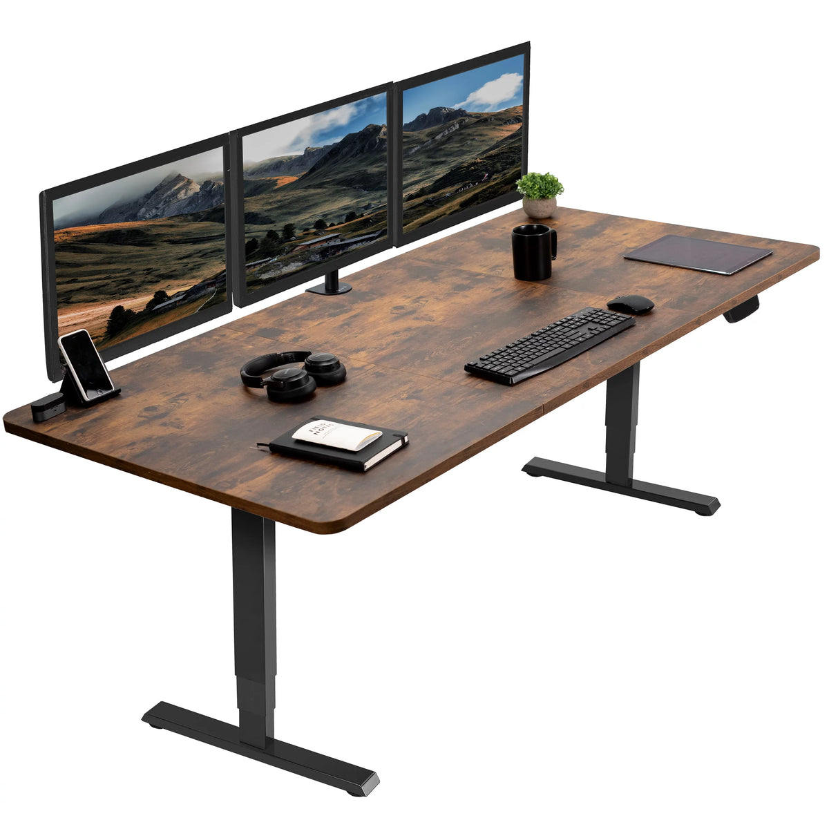 Electric 71”x36” Stand Up Desk, Rustic Vintage Brown Table Top, Black Frame E4320