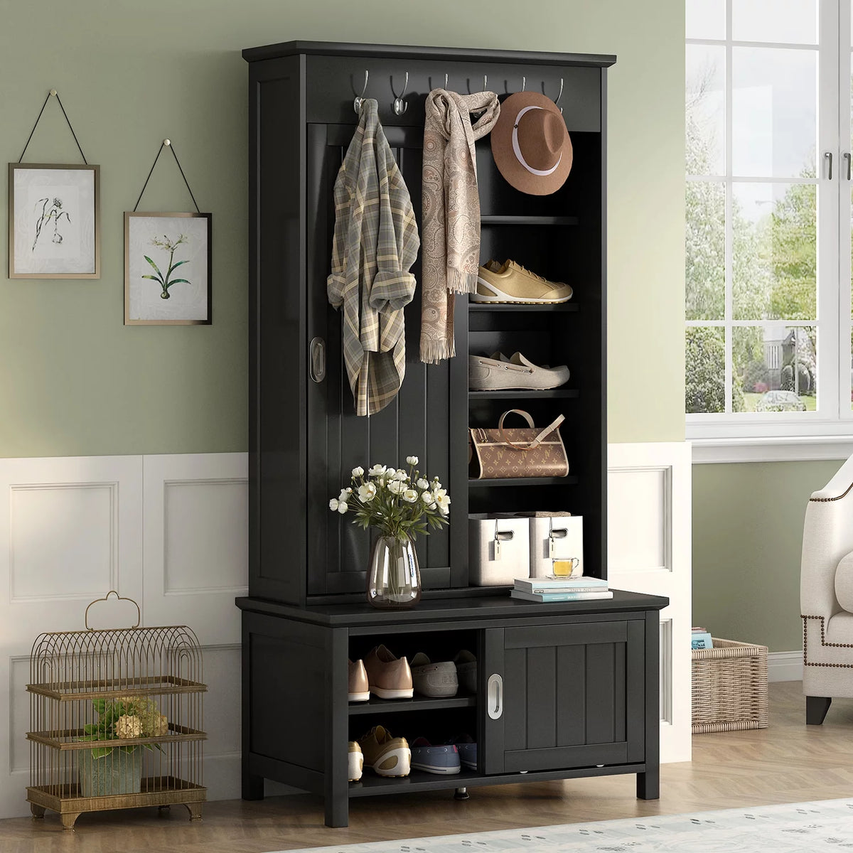 Black Wooden Hall Tree with Bench and Shoe Storage E835118