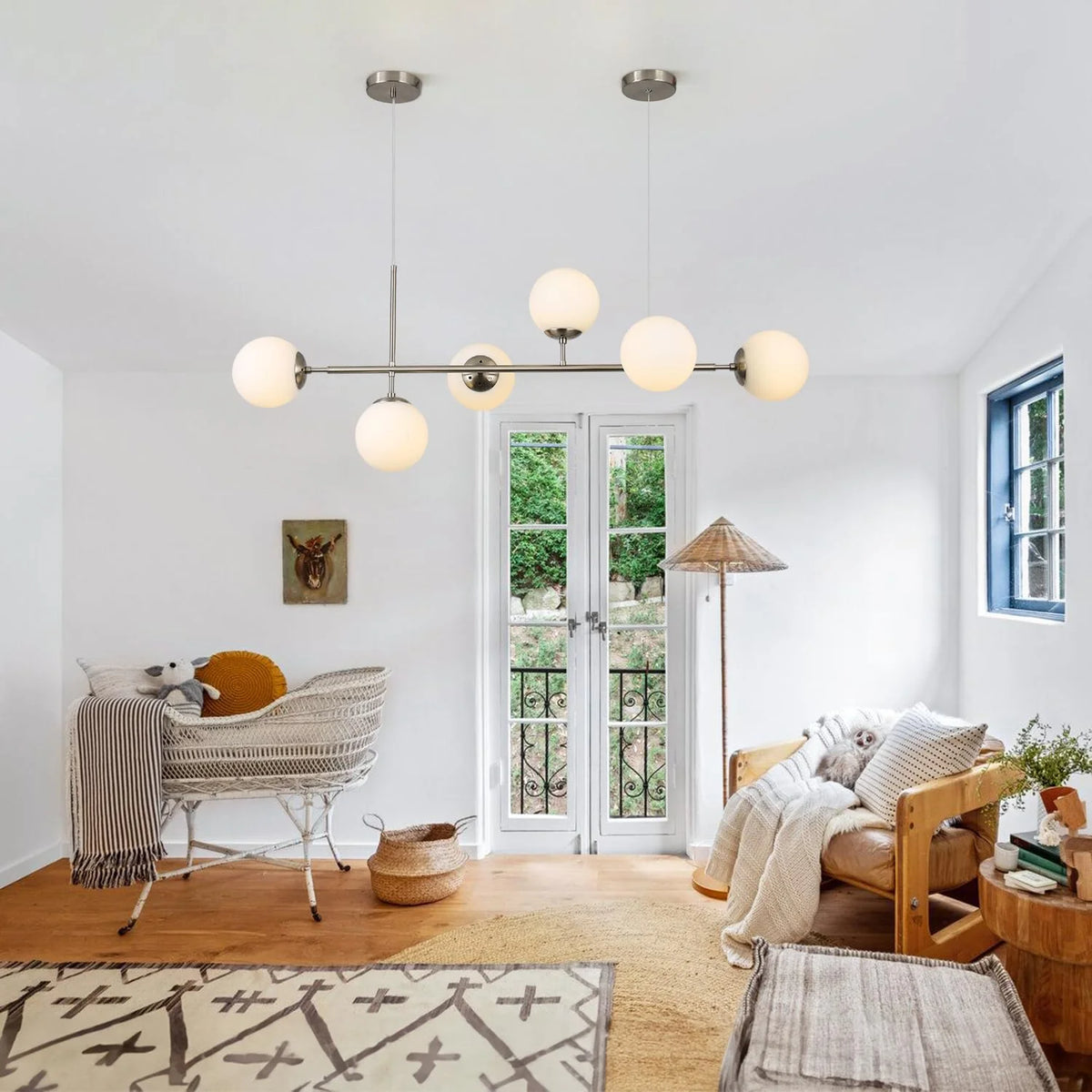 Modern Ceiling Pendant Lighting, Mid-Century Glass Globes Pendant Lamp, LED 6-Light Hanging Adjustable Chandelier for Kitchen Island Living Dining Room (Silver+Clear) D6730