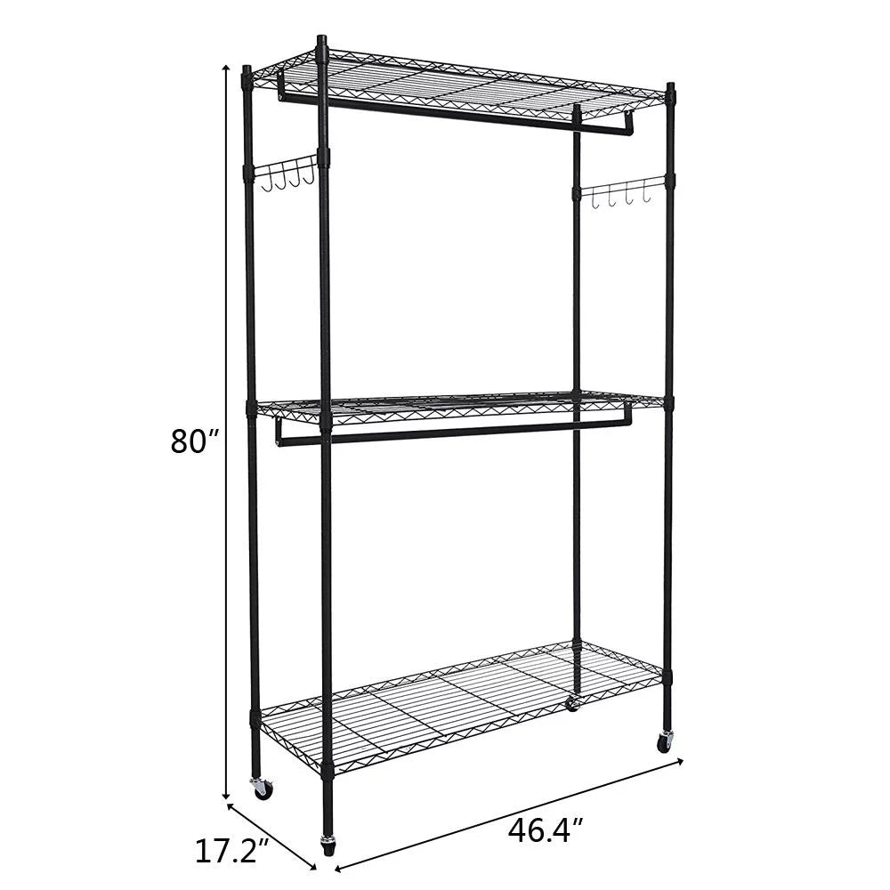 Portable Double Rod Garment Rack with Adjustable Shelves & Wheels Black I787