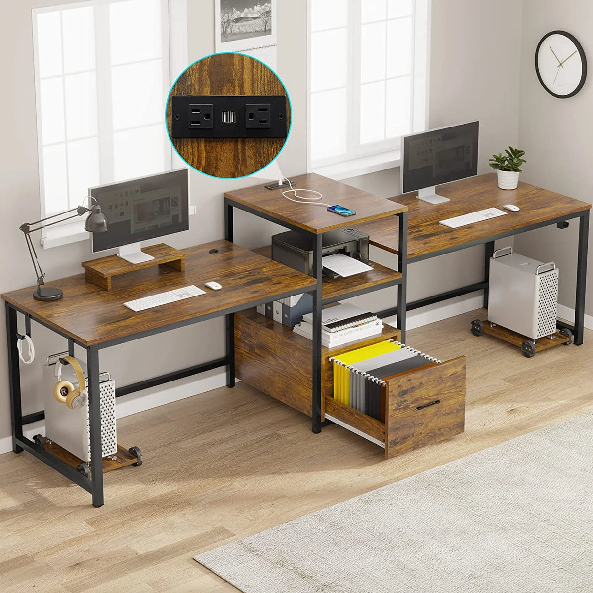 98" 2 Person Computer Desk with File Drawer & Power Strip H71257