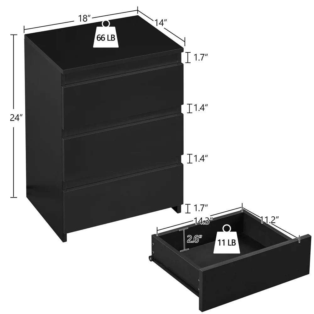 Black 3 Drawer Wooden Nightstand Set of 2 T756861