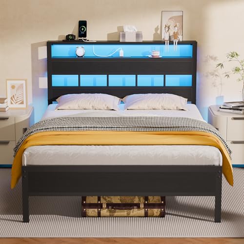 Full Size Black Oak Bed Frame with Storage Headboard and Charging Station P916
