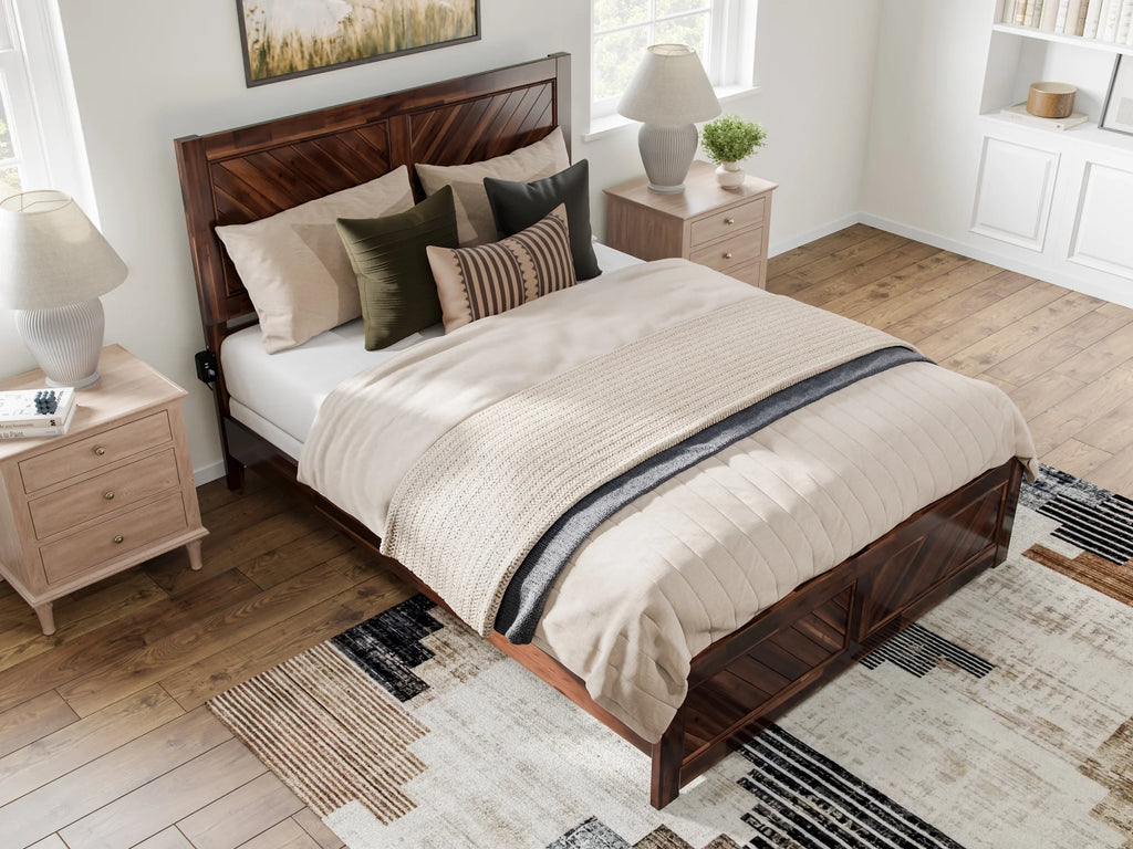 Queen Solid Wood Low Profile Platform Bed with Footboard, Walnut Y61264
