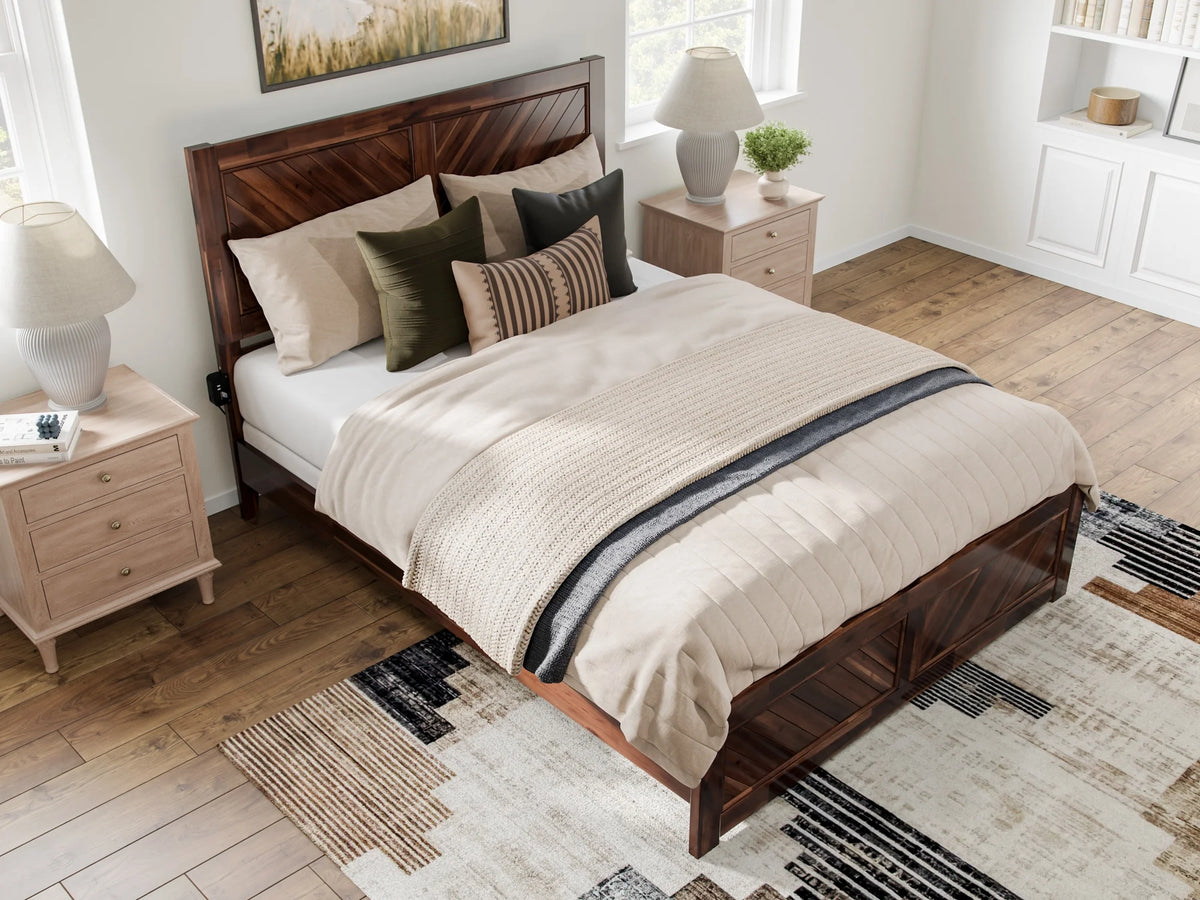 Queen Solid Wood Low Profile Platform Bed with Footboard, Walnut Y61264