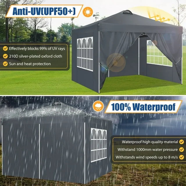 10'x10' Pop up Canopy Tent with 4 Side Walls and Carry Bag Q54556