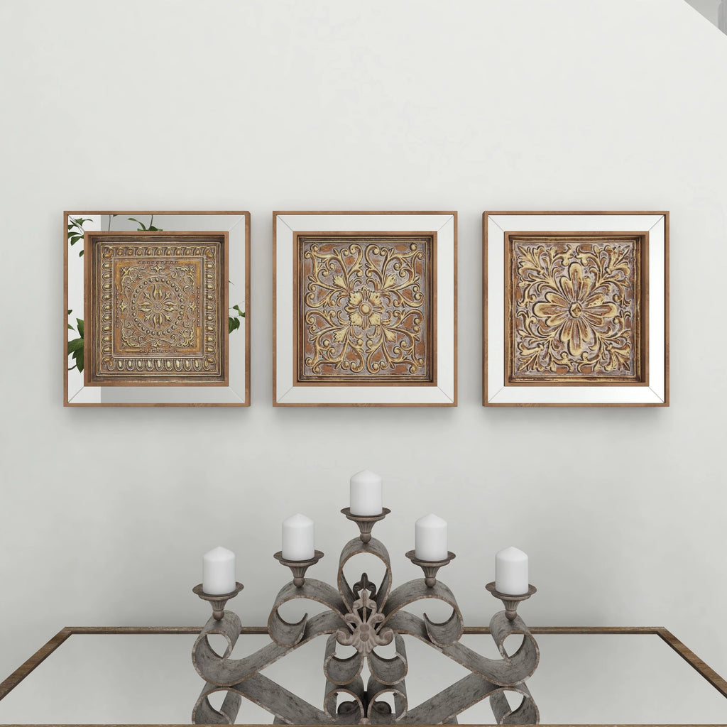 Gold Metal Floral Wall Decor with Mirror Panels 3 Count N470080
