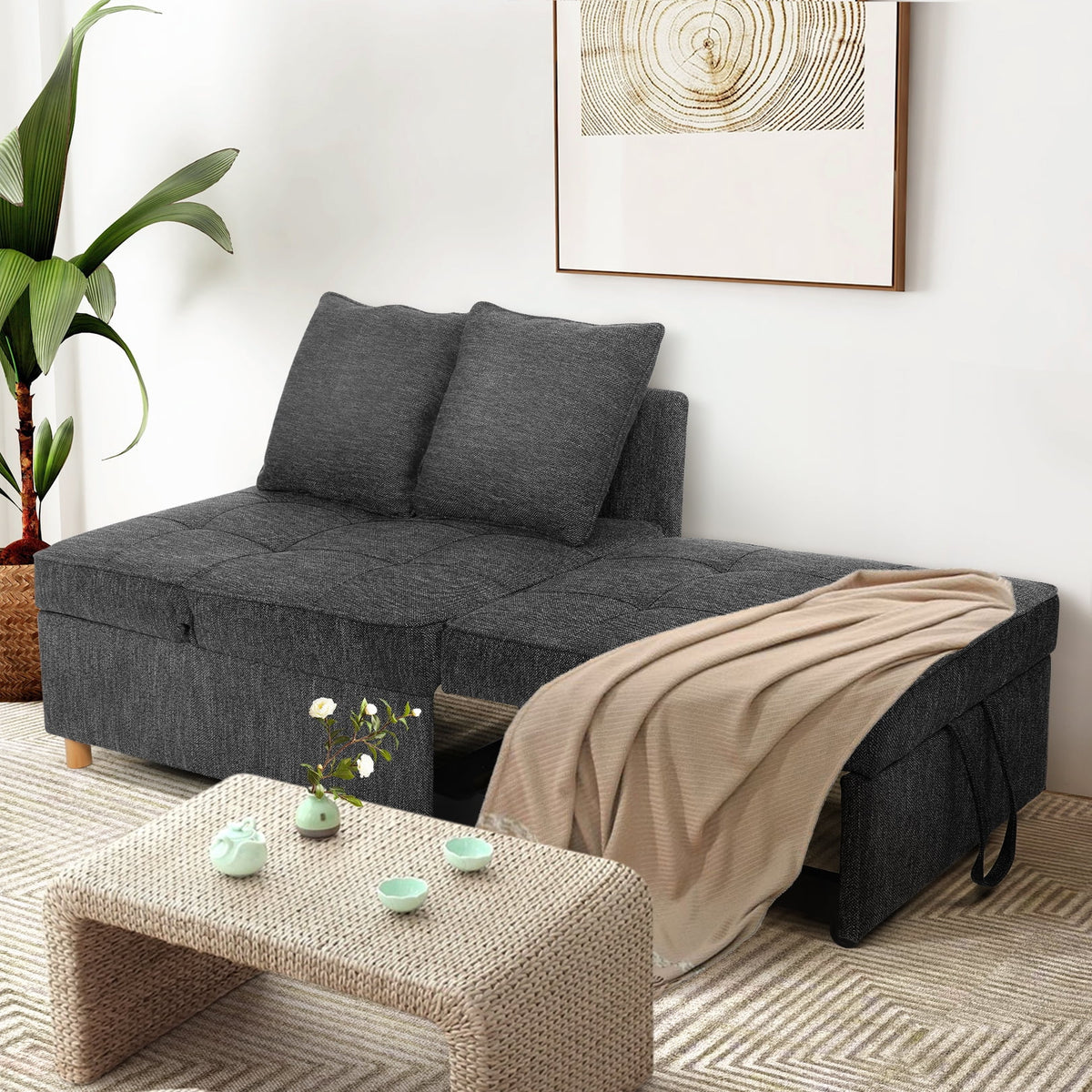 Black Convertible Sofa Bed Chair with 2 Pillows A35609