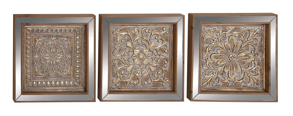 Gold Metal Floral Wall Decor with Mirror Panels 3 Count N470080