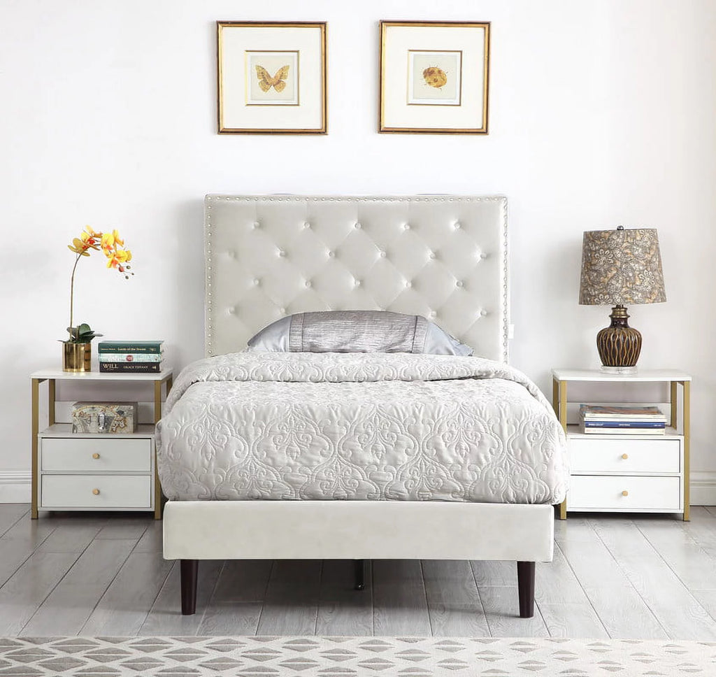 Beige Twin Upholstered Platform Bed Frame with Adjustable Headboard L174