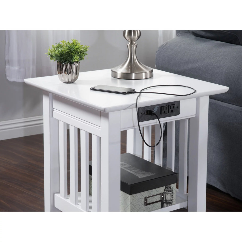Solid Hardwood End Table with USB Charger Set of 2 White M3762