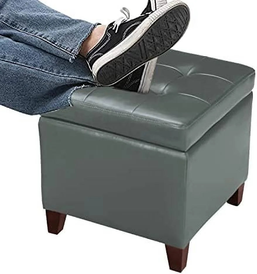 Tufted Leather Square Ottoman with Hinged Lid E12705