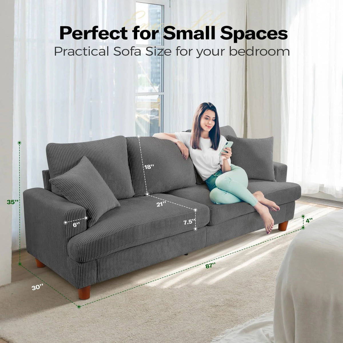 Gray Corduroy 3 Seater Sofa with 2 Pillows N4584