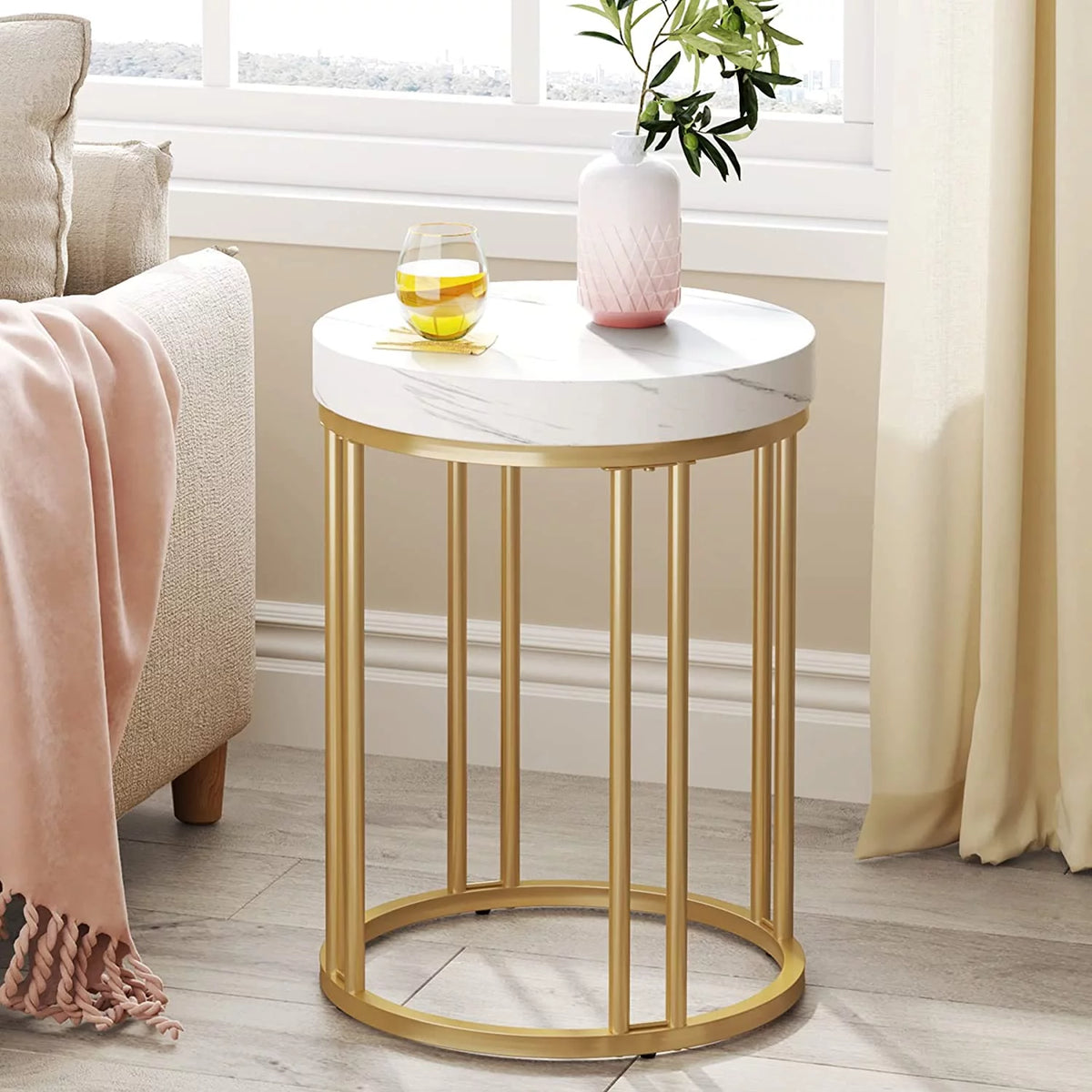 White Gold Round Wooden Nightstand H71308