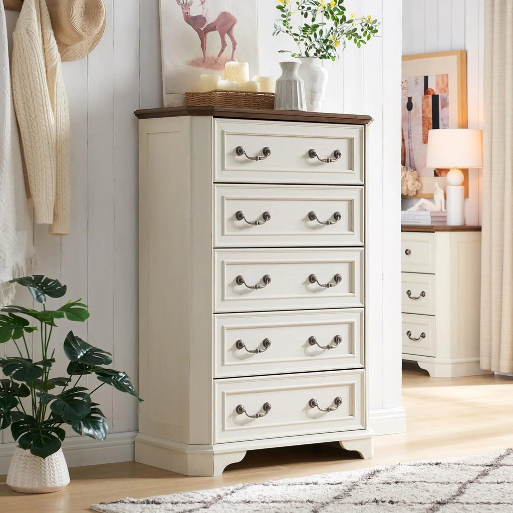 Antique White 5 Drawer Wood Dresser F456