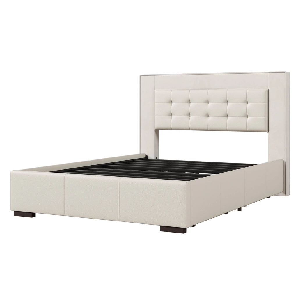 Queen Platform Bed Frame with Four Drawers Beige S9180
