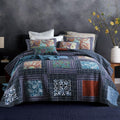 3-Piece Floral Cotton Patchwork Quilt Set Queen Navy Blue E743601