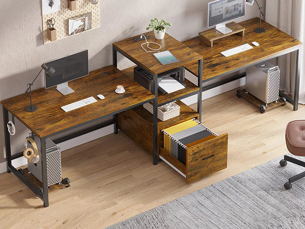 98" 2 Person Computer Desk with File Drawer & Power Strip H71257