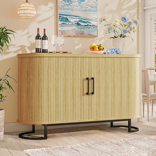 Walnut Fluted Tambour Sideboard Buffet Cabinet with Adjustable Shelves M4405