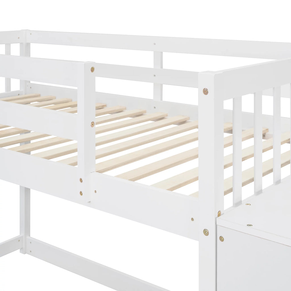 White Wood Twin Over Twin Bunk Bed with Storage U835
