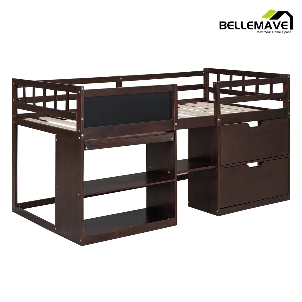Twin Size Loft Bed with Rolling Desk, Storage Shelves and Chalkboard X658862