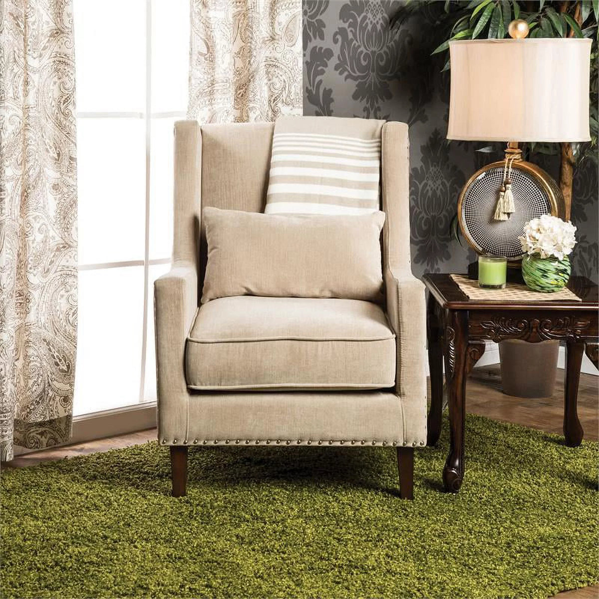 Ivory Fabric Wingback Accent Chair J9500