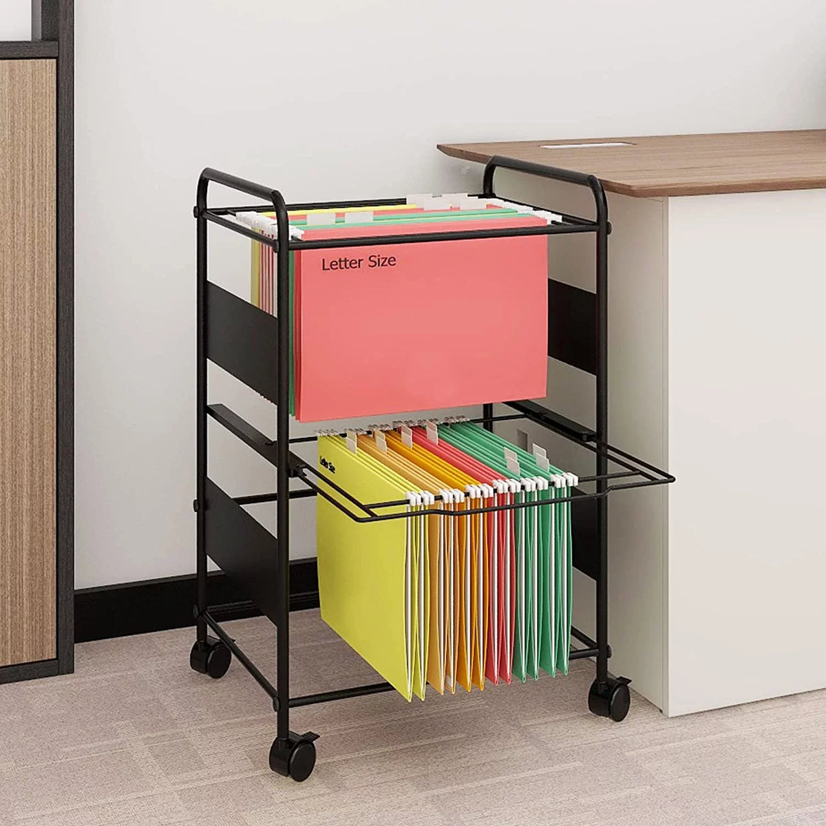 2 Tiers Mobile Metal Pull-Out Filing Cart with wheels, Black G969