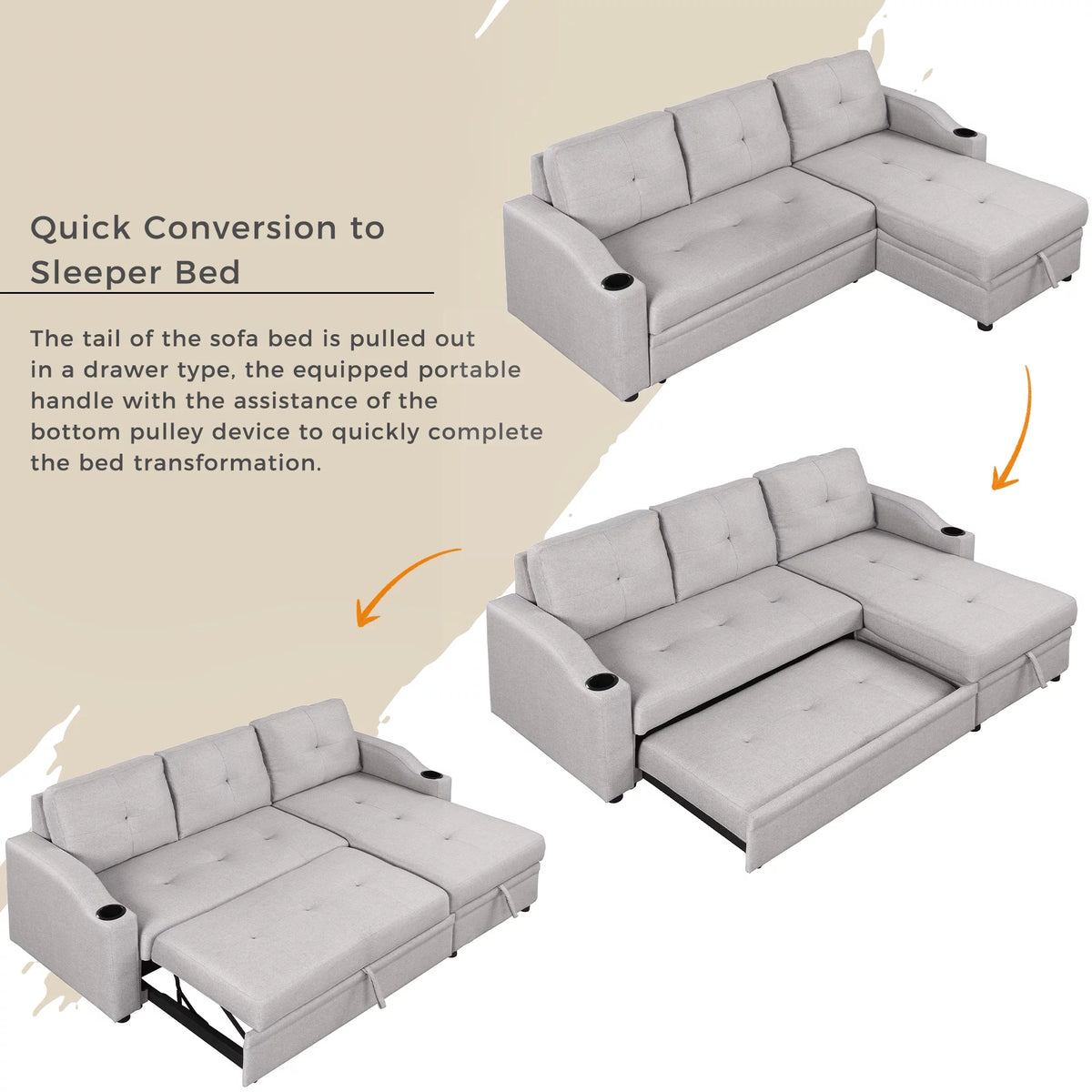 Gray Velvet L-Shape Sectional Sofa with Pull-Out Sleeper J887