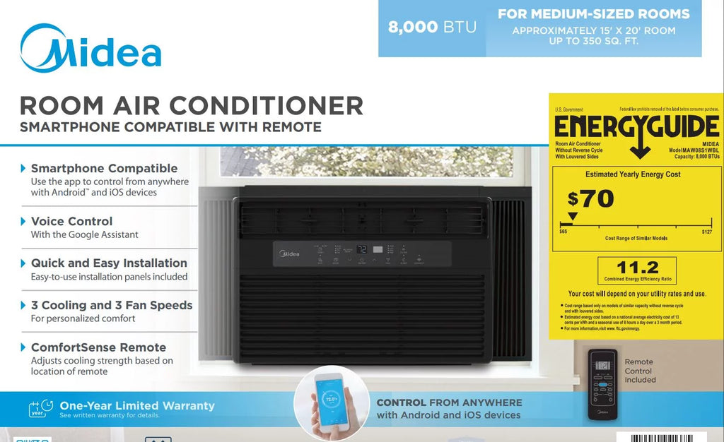 8,000 BTU 115V Smart Window Air Conditioner with Remote, Black R477