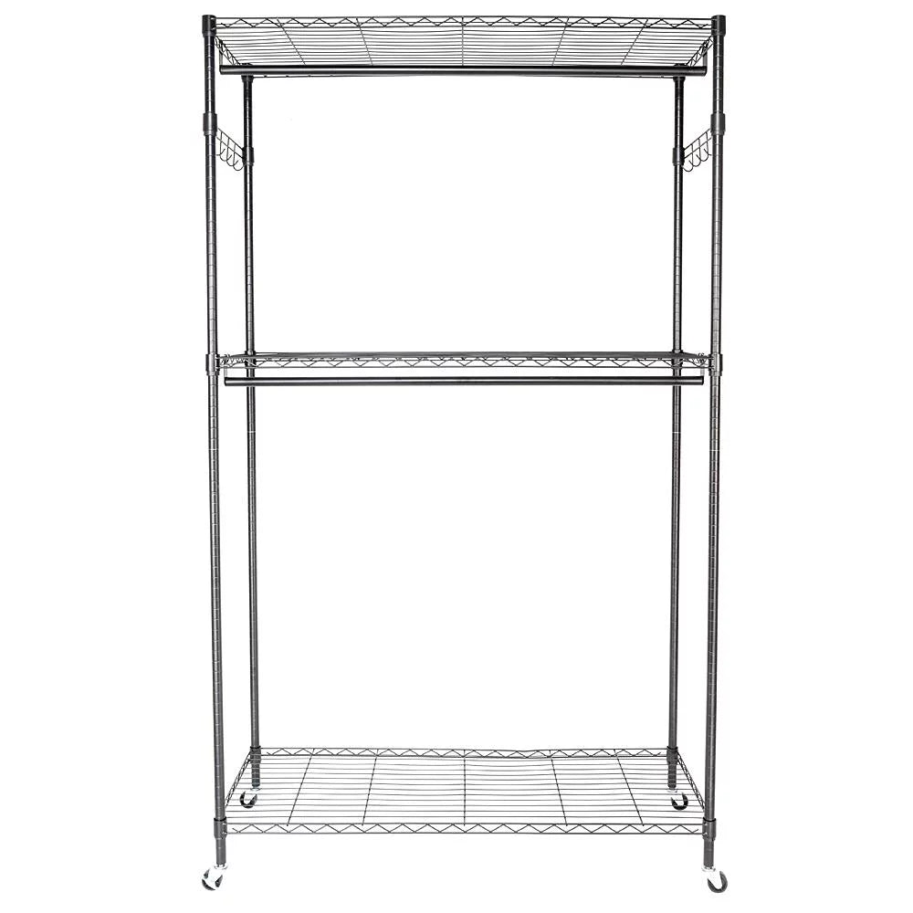 Portable Double Rod Garment Rack with Adjustable Shelves & Wheels Black I787