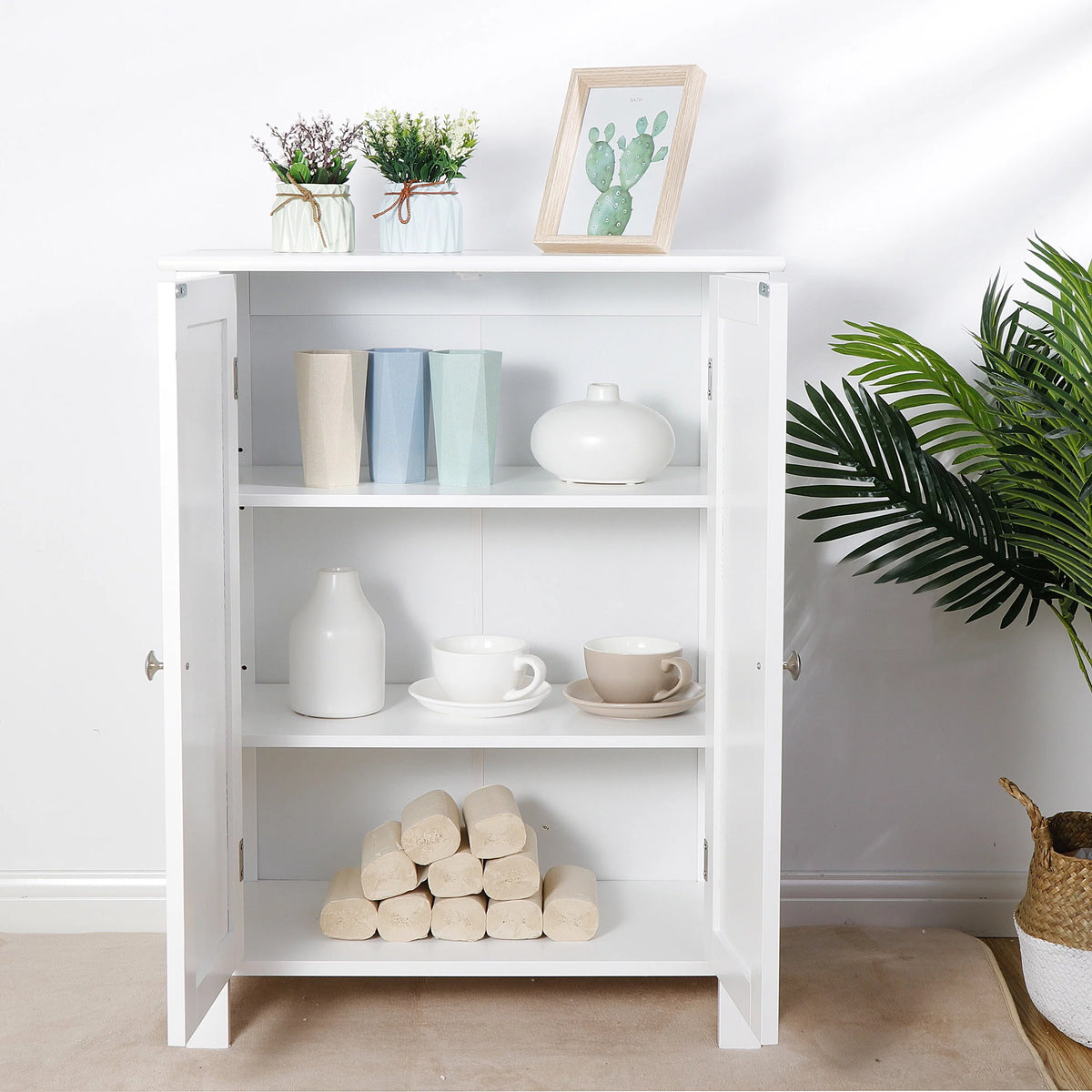 2-Door White Bathroom Floor Storage Cabinet with Adjustable Shelves T613763