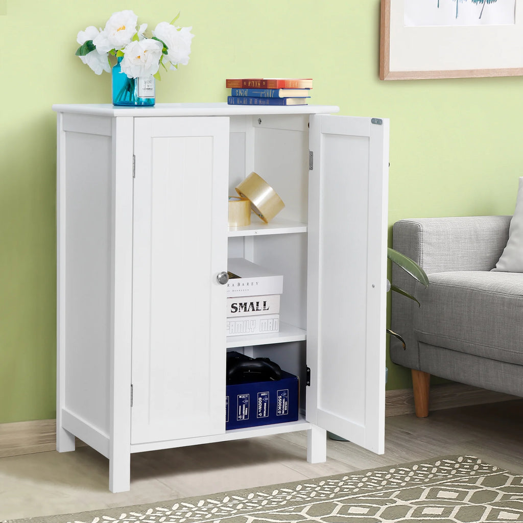 2-Door White Bathroom Floor Storage Cabinet with Adjustable Shelves T613763