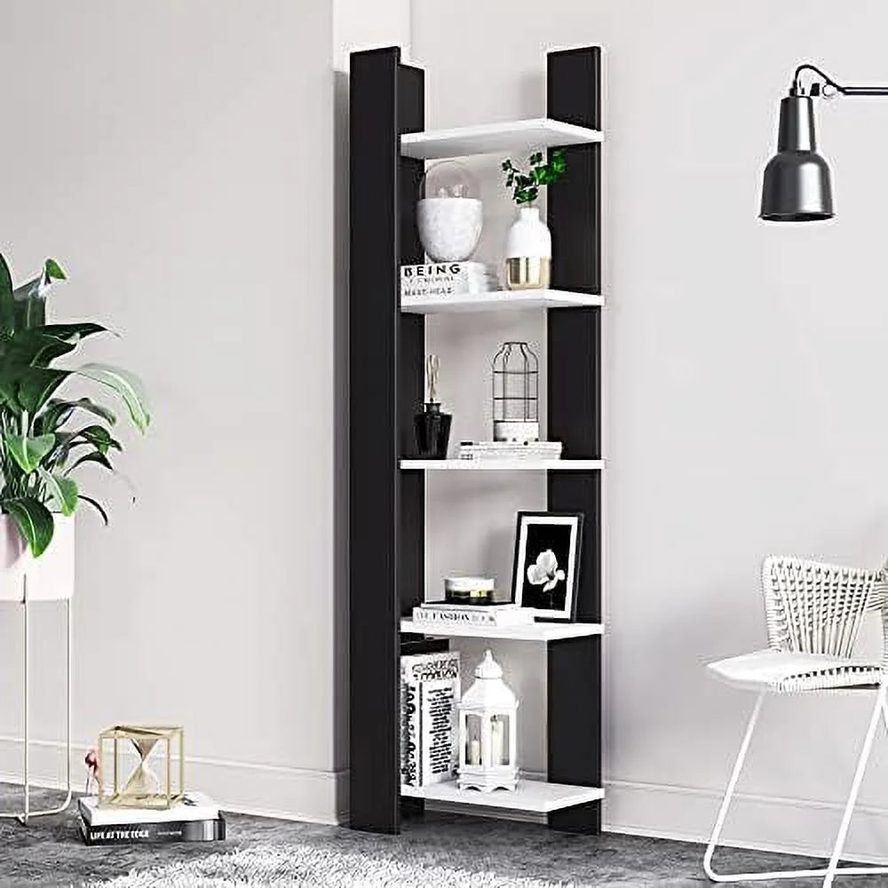 White 5-Corner Unit Display Shelves and Wooden Bookcase T65258
