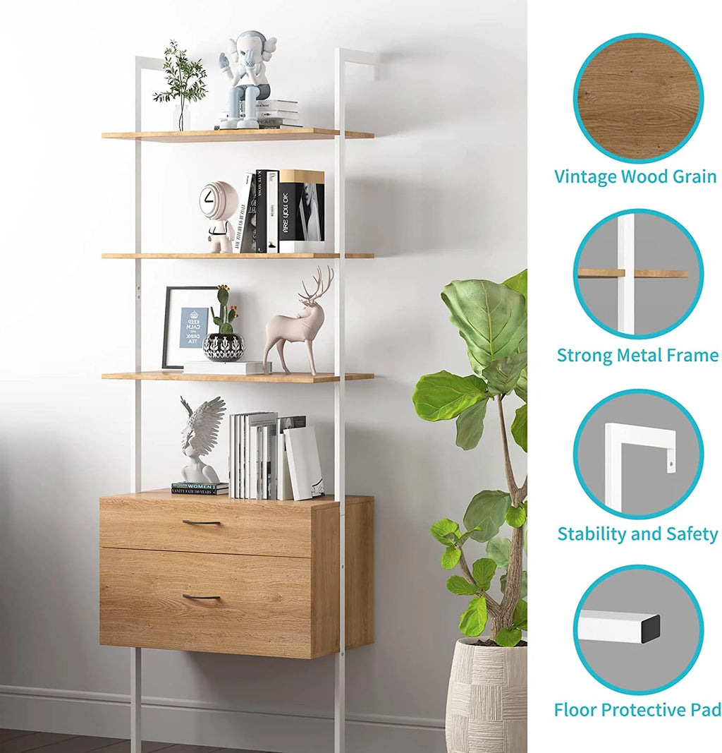Wood Bookshelf with Drawers and Steel Frame Q8840