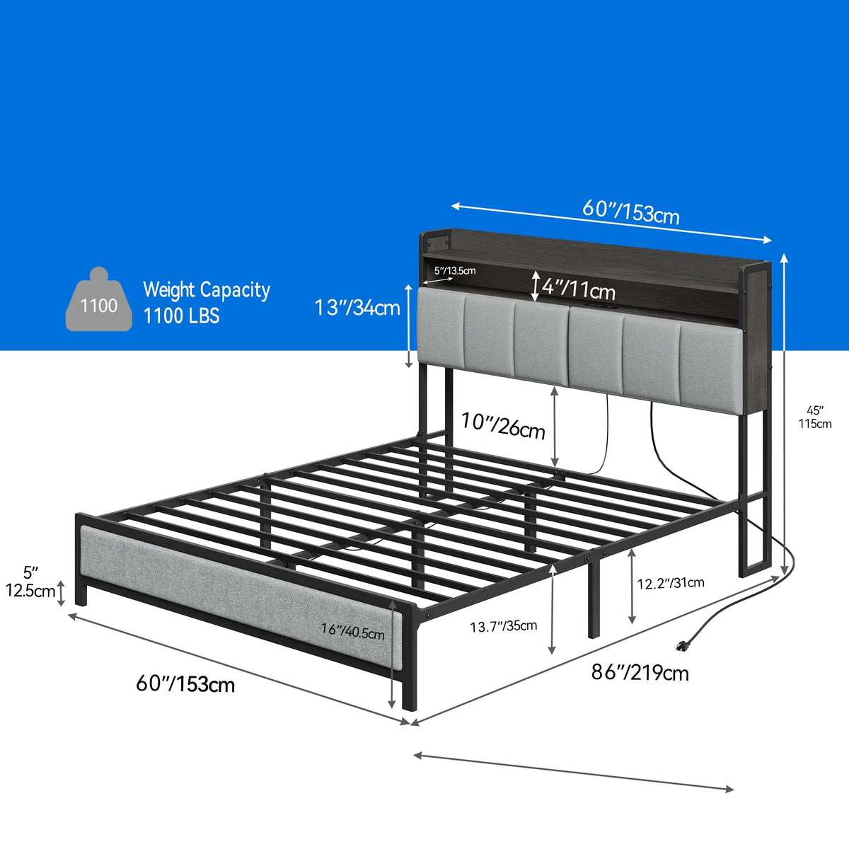 Gray LED Light Bed Frame with Storage and Upholstered Headboard Y6299