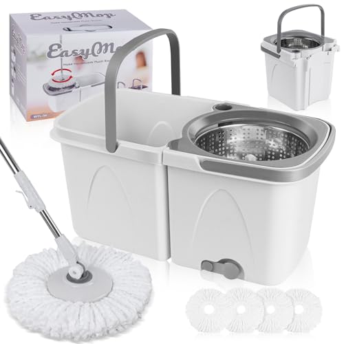 Spin Mop and Bucket with Wringer Set, 4 Reusable Microfiber Mop Pads M22338