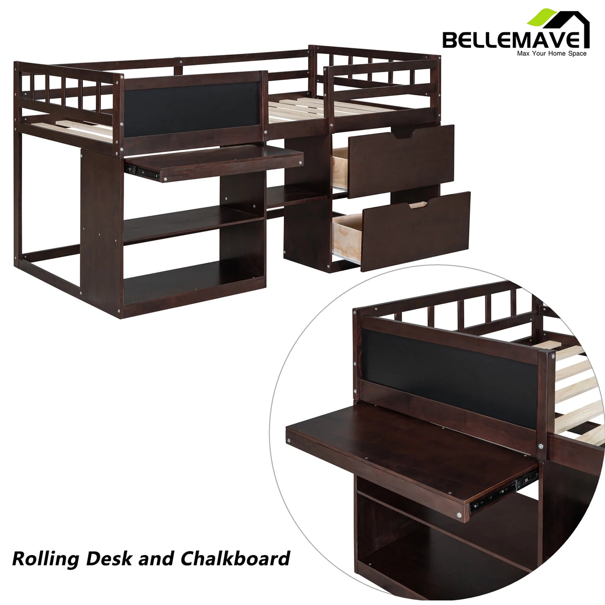 Twin Size Loft Bed with Rolling Desk, Storage Shelves and Chalkboard X658862