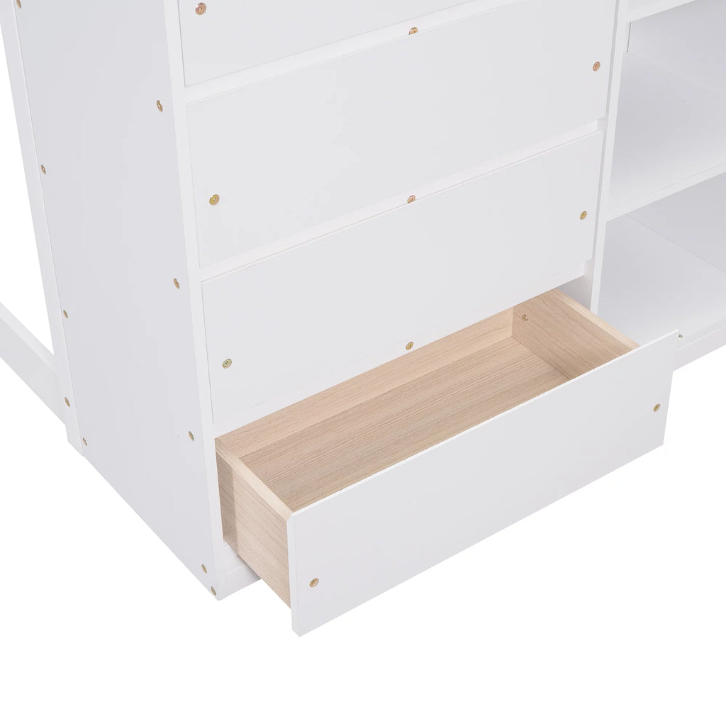 White Wood Twin Over Twin Bunk Bed with Storage U835