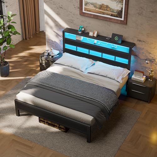 Full Size Black Oak Bed Frame with Storage Headboard and Charging Station P916