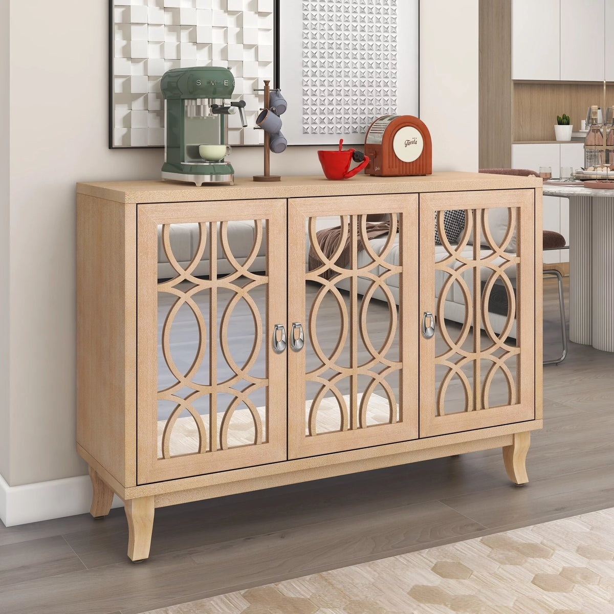 3 Door Mirrored Sideboard Buffet Cabinet with Silver Handle Natural Wood Wash Q160