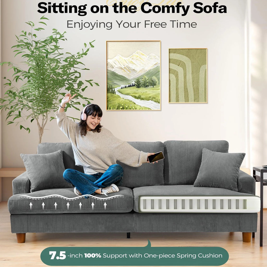 Gray Corduroy 3 Seater Sofa with 2 Pillows N4584