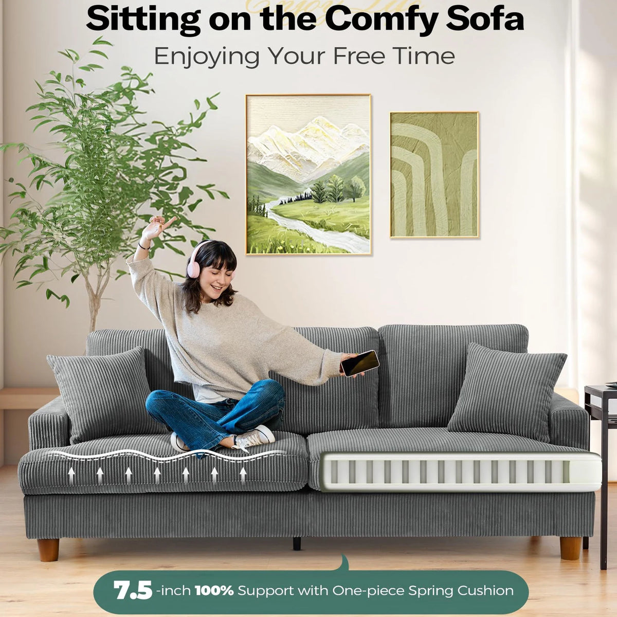 Gray Corduroy 3 Seater Sofa with 2 Pillows N4584
