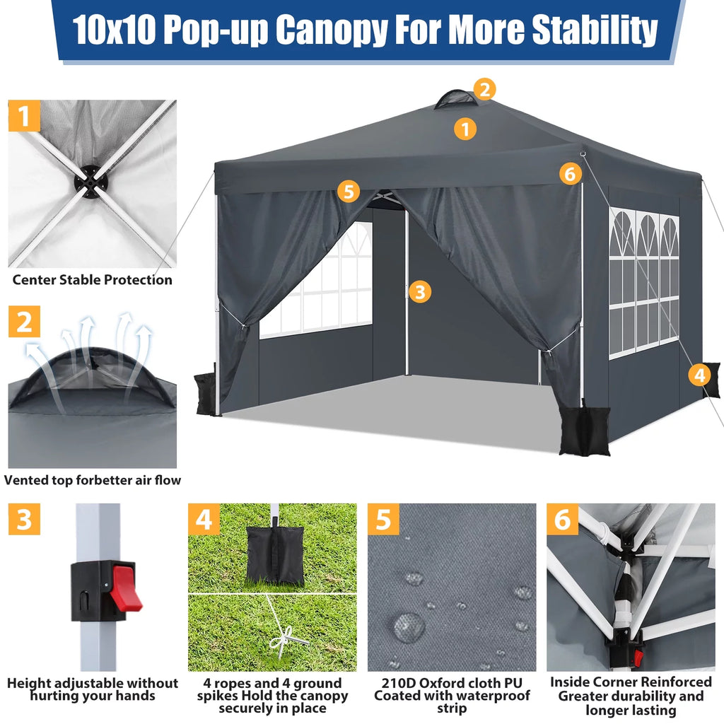 10'x10' Pop up Canopy Tent with 4 Side Walls and Carry Bag Q54556