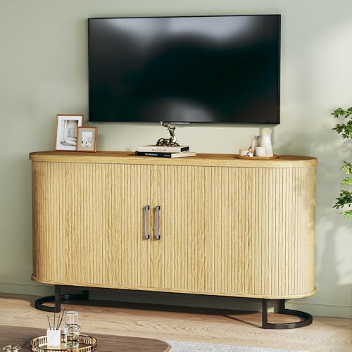 Walnut Fluted Tambour Sideboard Buffet Cabinet with Adjustable Shelves M4405